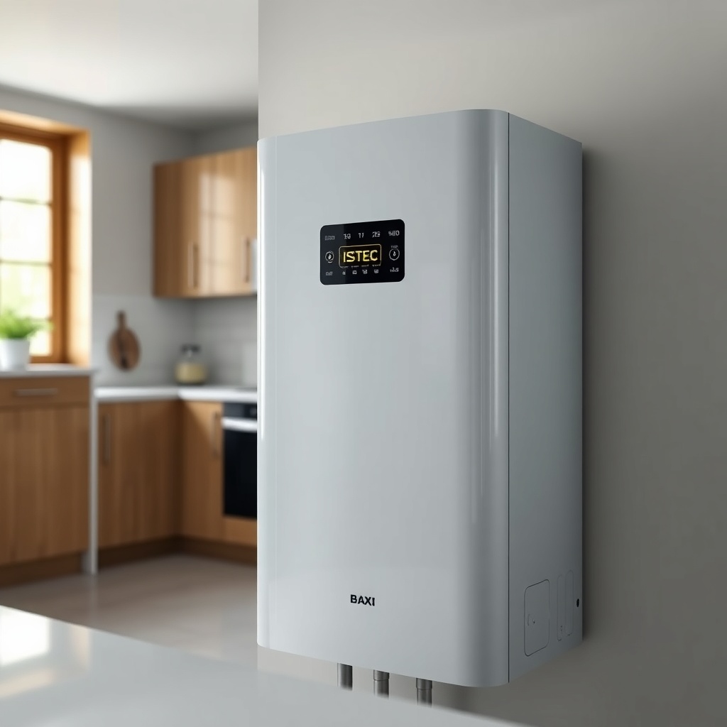 High-resolution photorealistic shot of a Baxi Istec boiler with a yellow error light blink