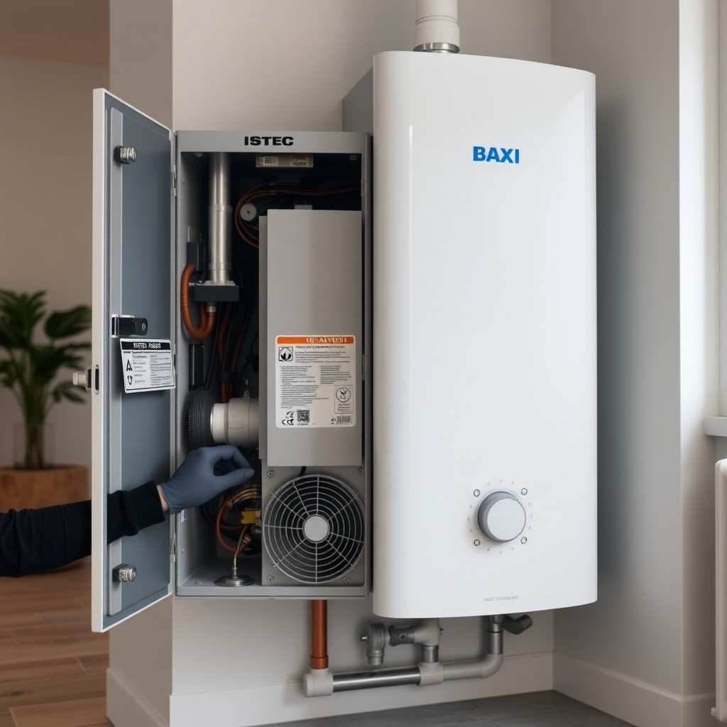 clean photorealistic photo of a Baxi Istec boiler with its front panel removed