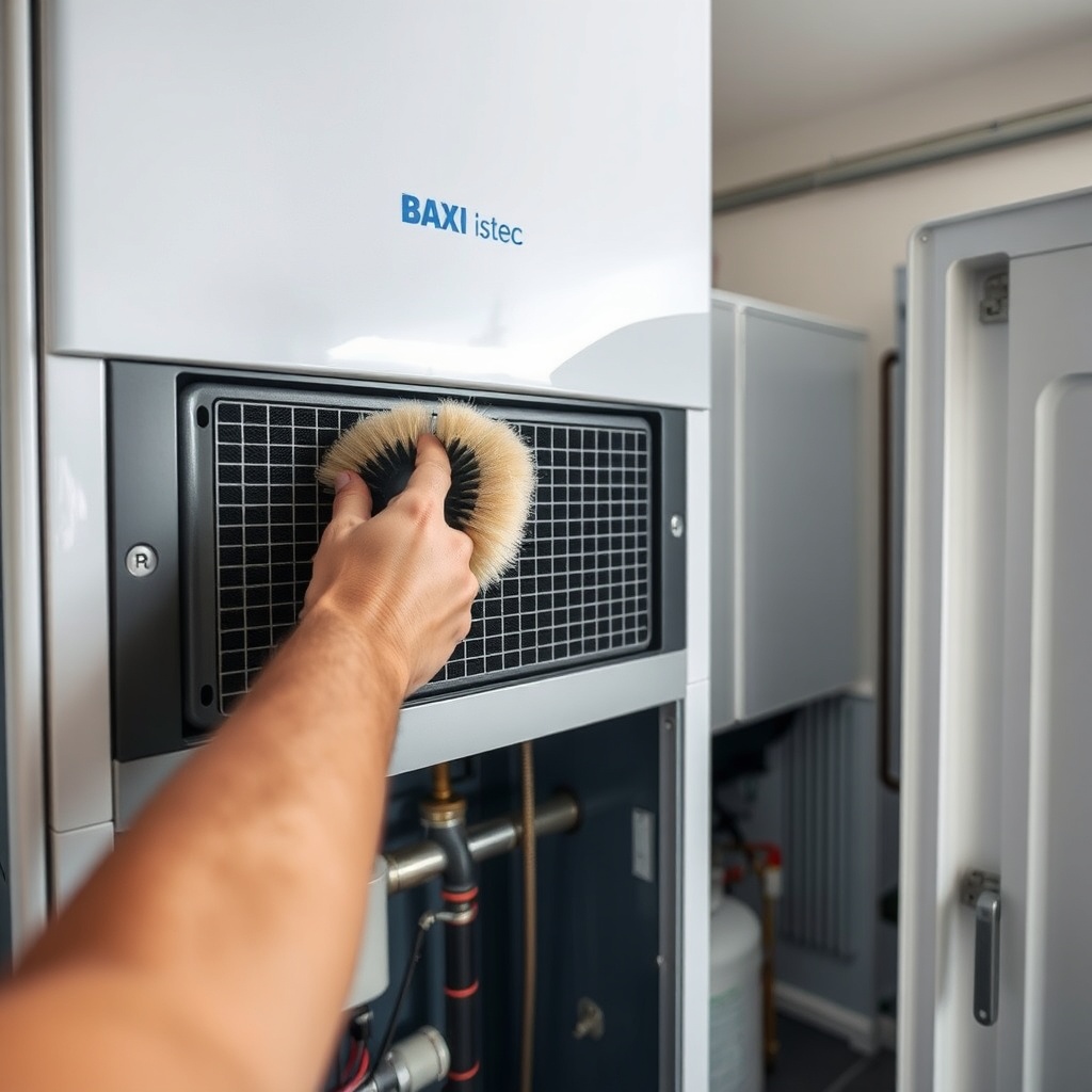 clean photorealistic photo of a person cleaning the heat exchanger of a Baxi Istec boiler