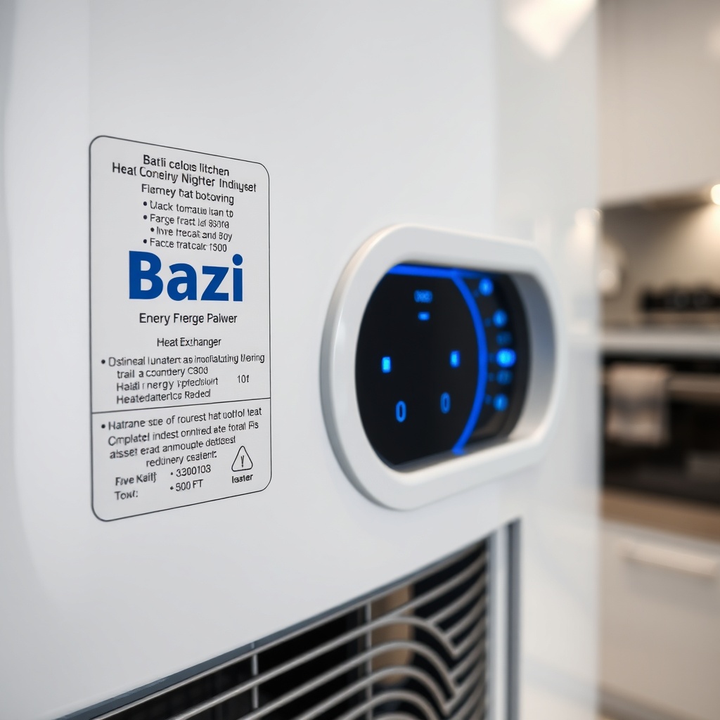 Close-up of Baxi Istec energy label and internal heat exchanger with blue LED indicators