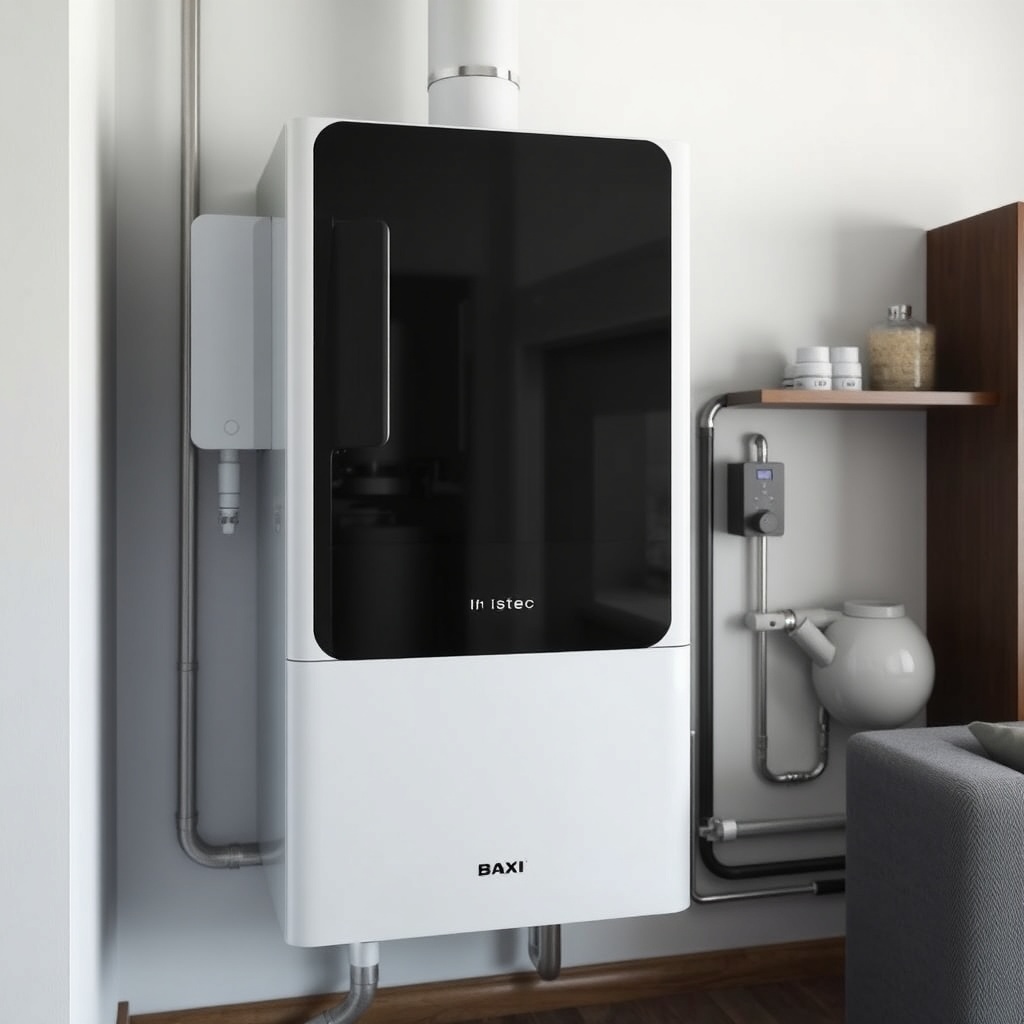 <Clean photorealistic photo of a Baxi Istec boiler with visible installation details; no t