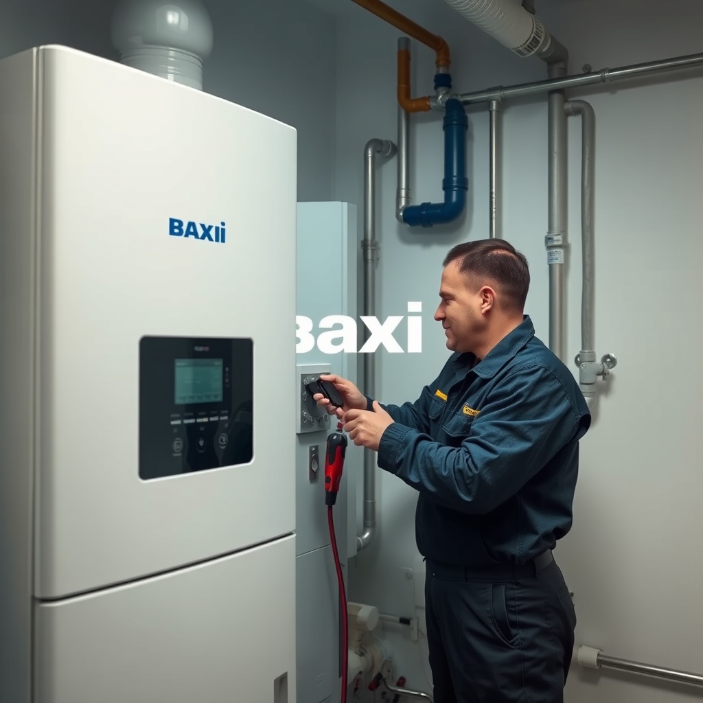 <Clean photorealistic photo of a technician performing maintenance on a Baxi Istec boiler