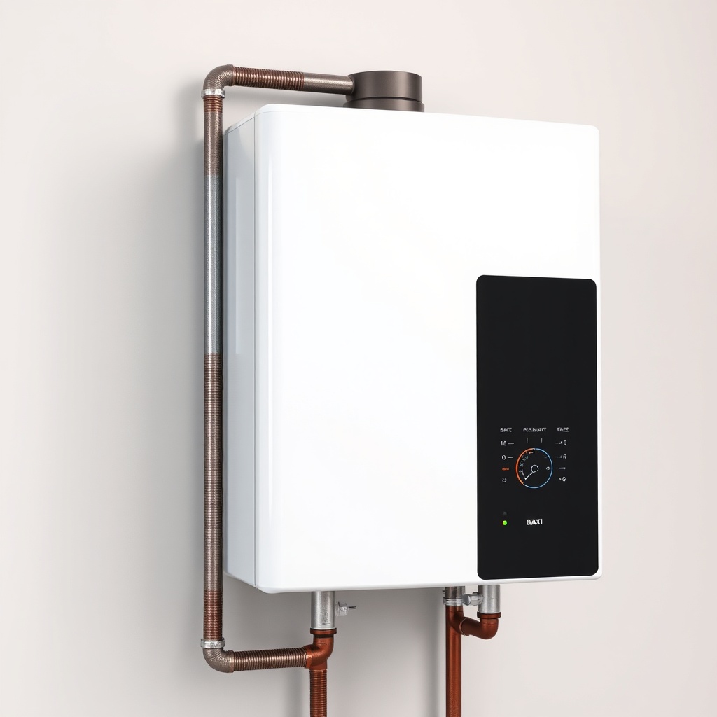 <clean photorealistic photo of a Baxi Istec combi mounted on a wall
