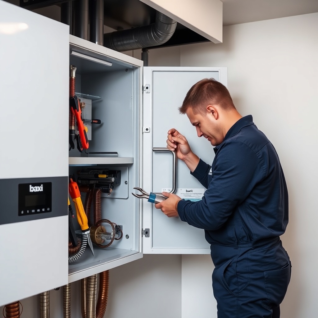 <clean photorealistic photo of a technician cleaning a Baxi Istec combi burner with tools