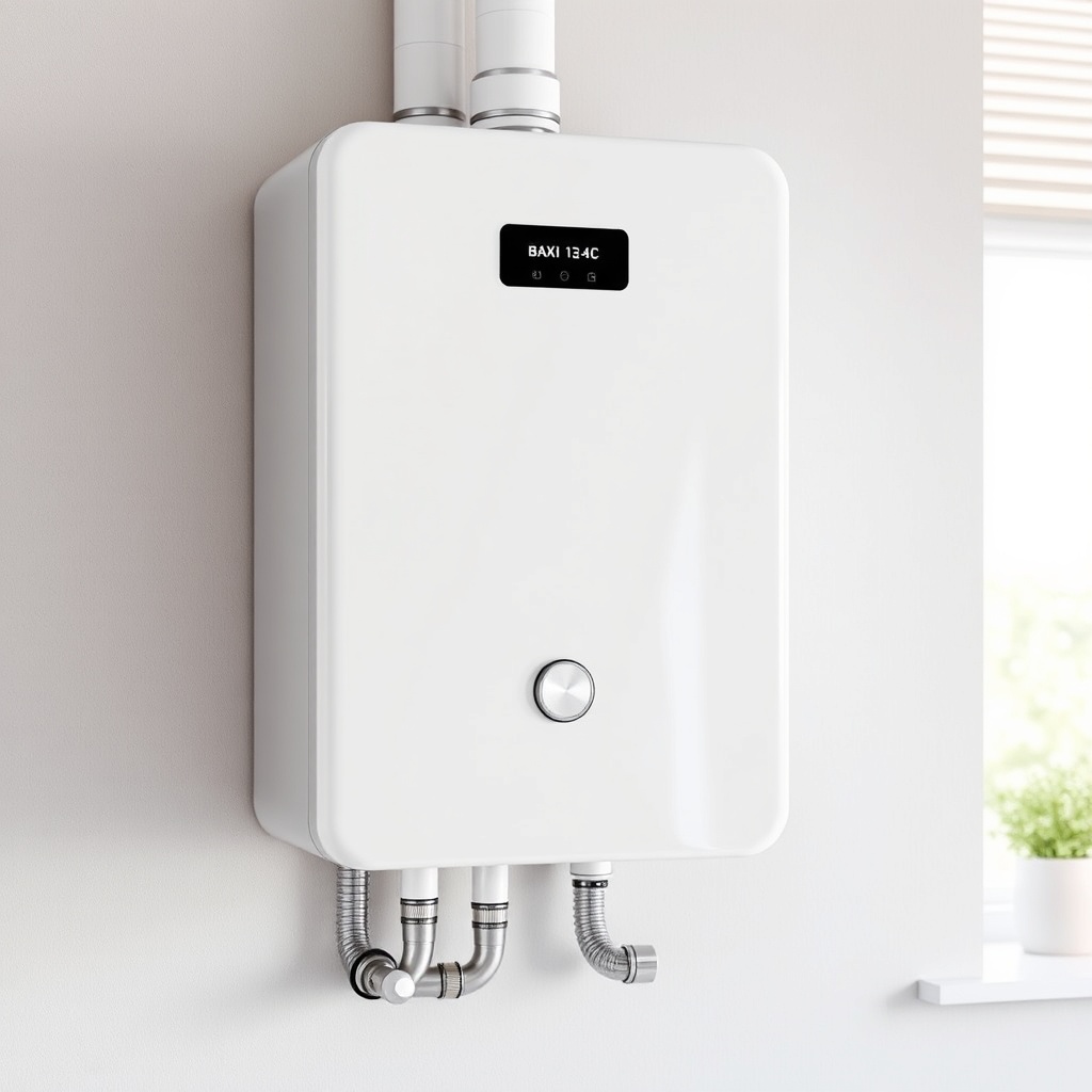 A modern white Baxi Istec combi boiler mounted on a kitchen wall