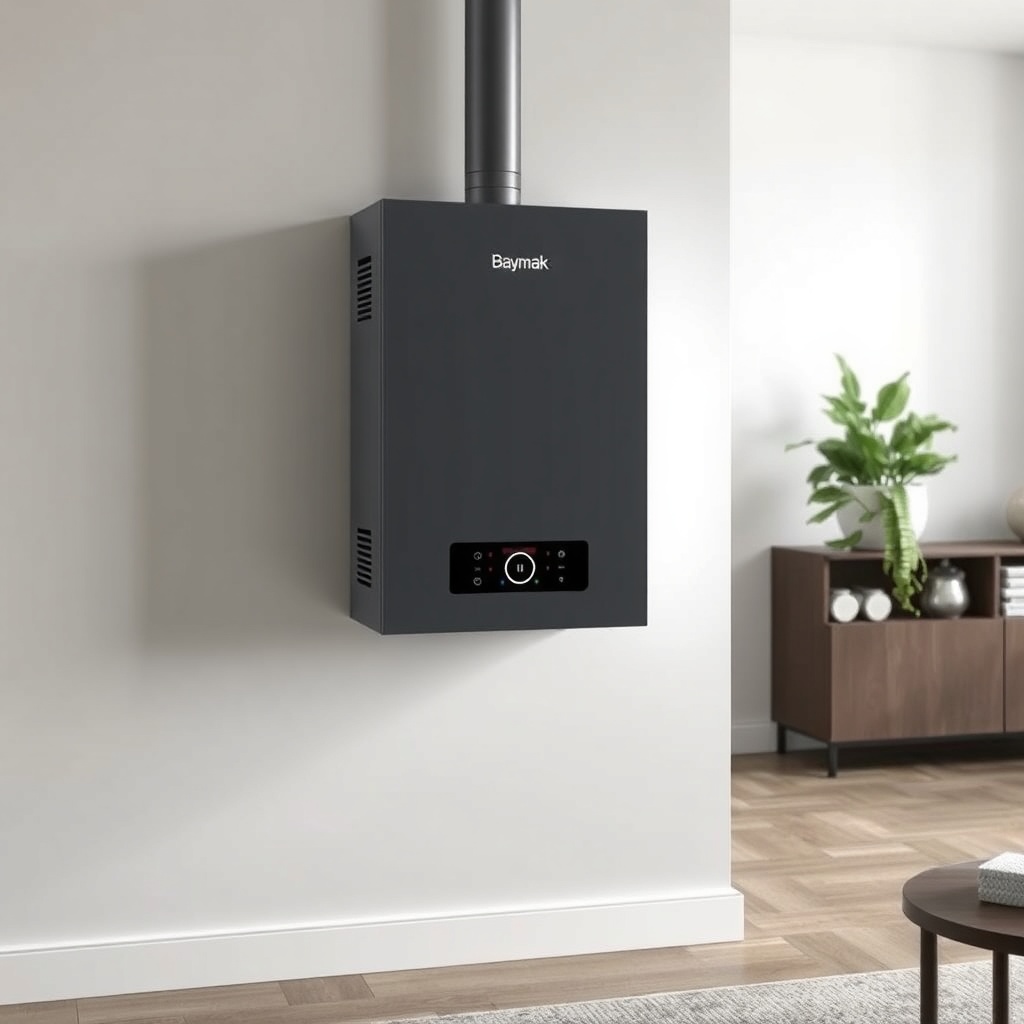 Clean photorealistic photo of a modern Baymak Duotec wall-mounted boiler installed in a st