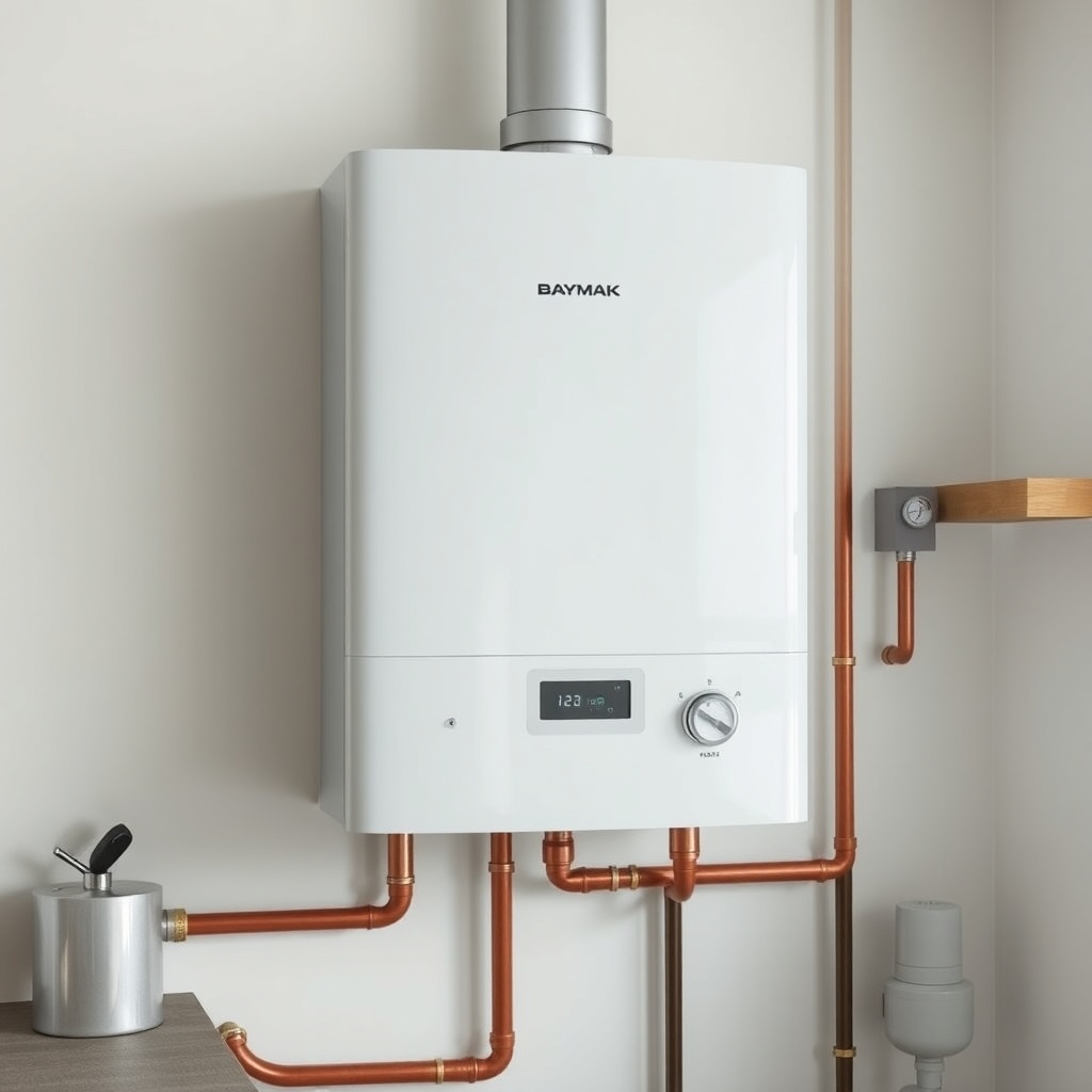 Clean photorealistic photo of a Baymak Duotec boiler installed in a modern kitchen