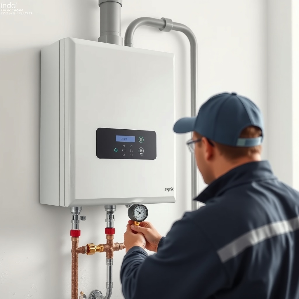 <clean photorealistic photo of a Baymak Duotec wall-mounted unit with gas and water pipes