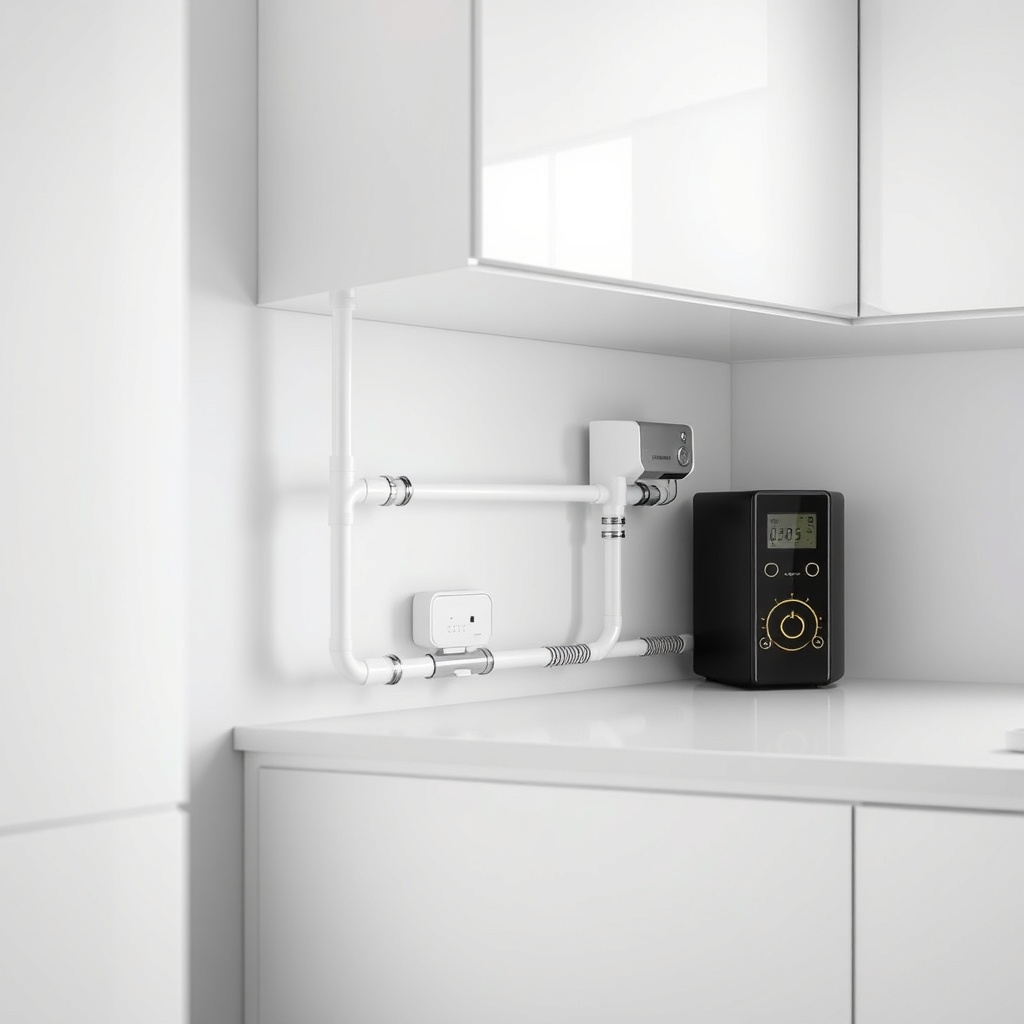 <clean photorealistic photo of a modern kitchen interior with Baymak Duotec installed unde