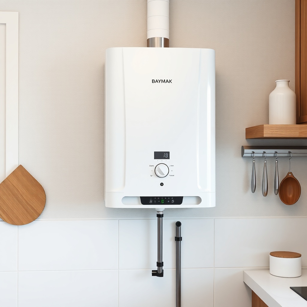 A photorealistic photo of a Baymak Duotec boiler mounted on a wall in a modern Turkish kit