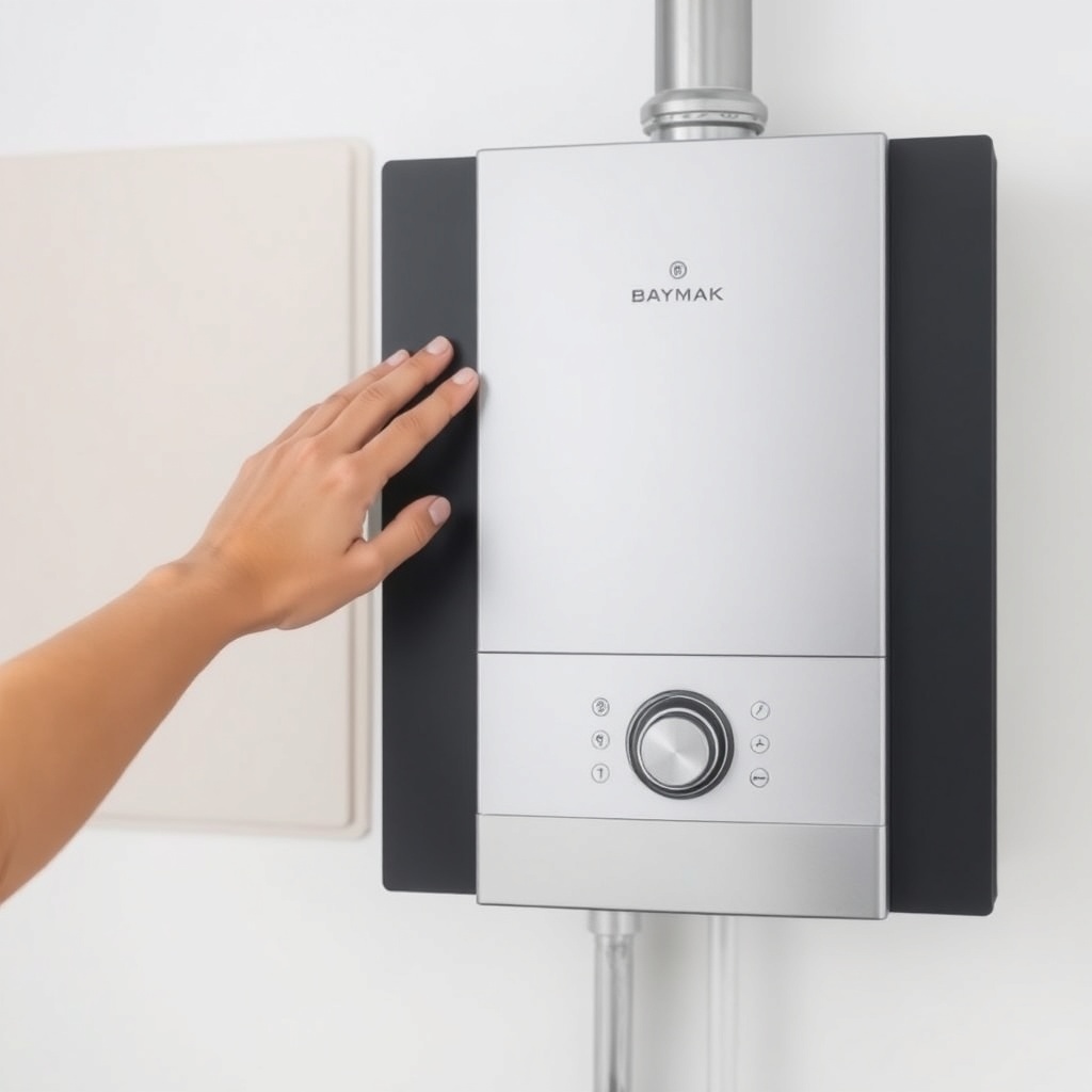 A photorealistic photo of a person's hand gently touching a Baymak Duotec boiler's panel