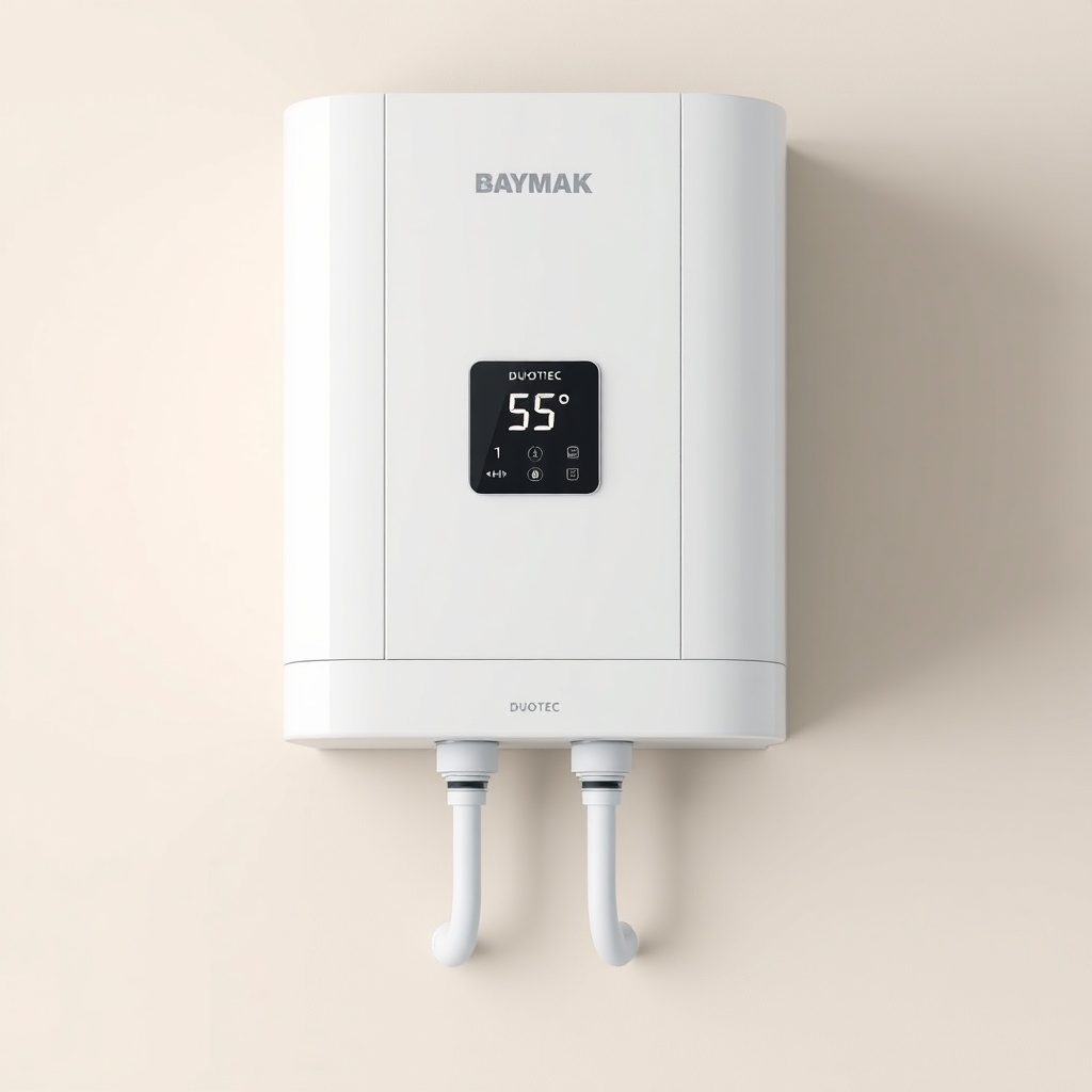 A clean photorealistic photo of a modern white Baymak Duotec combi boiler mounted on a lig