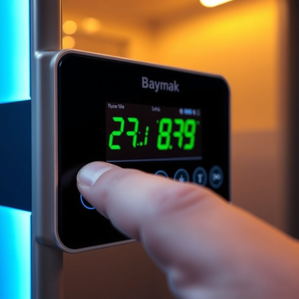 A close-up photorealistic photo of a finger pressing the LCD touch buttons on a Baymak Duo