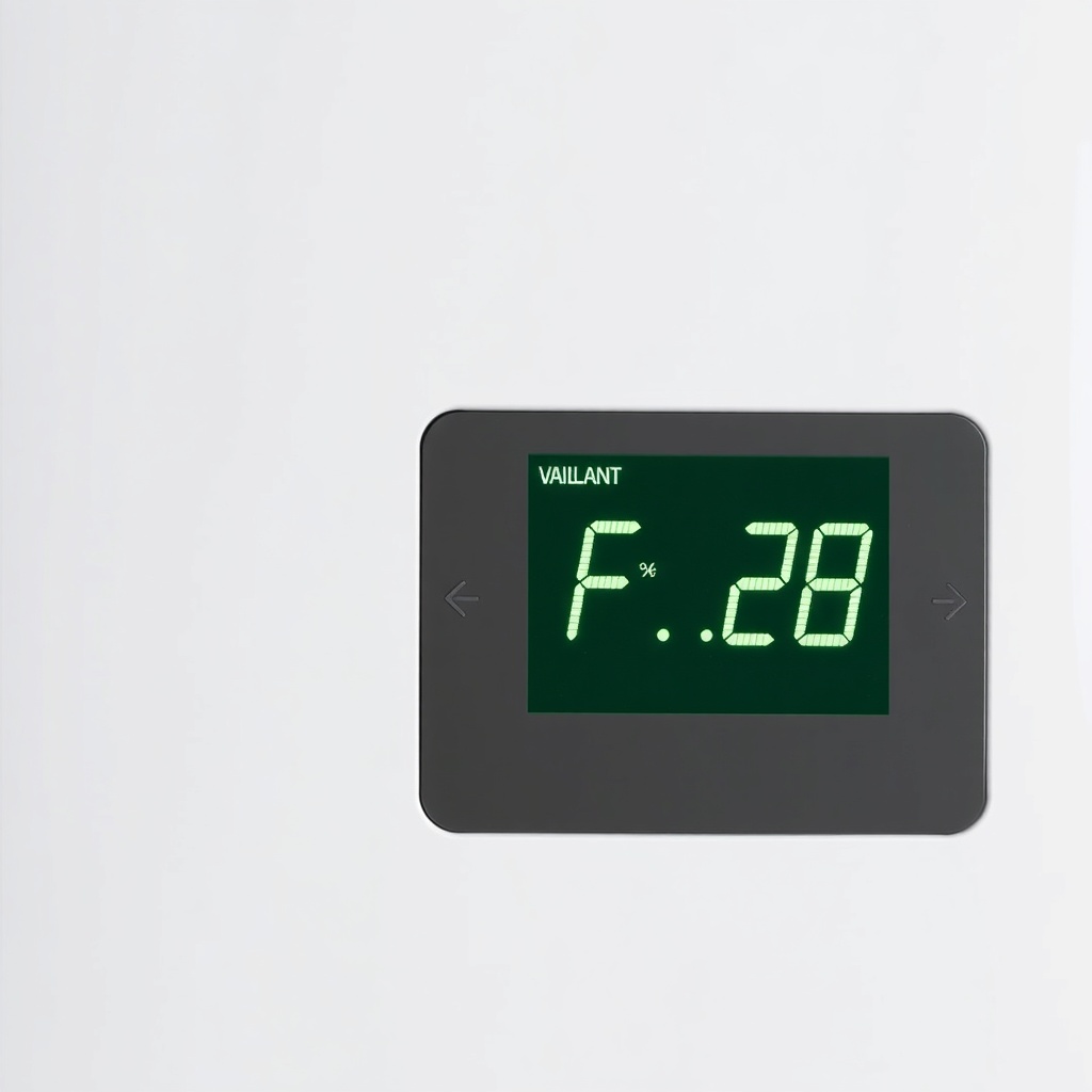 <clean photorealistic photo of a Vaillant ecoTEC Plus combined boiler with a close-up of t