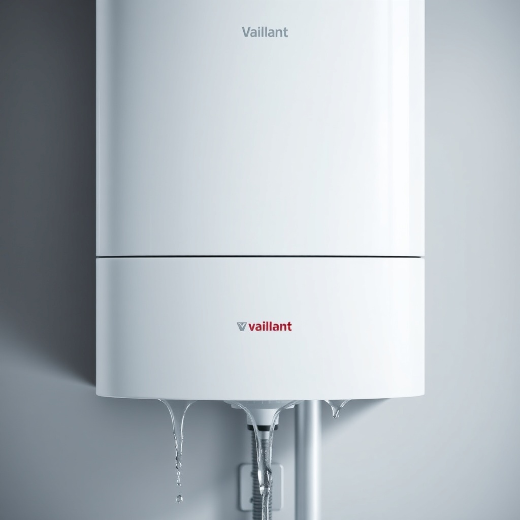 <clean photorealistic photo of a Vaillant ecoTEC Plus combined boiler with water dripping