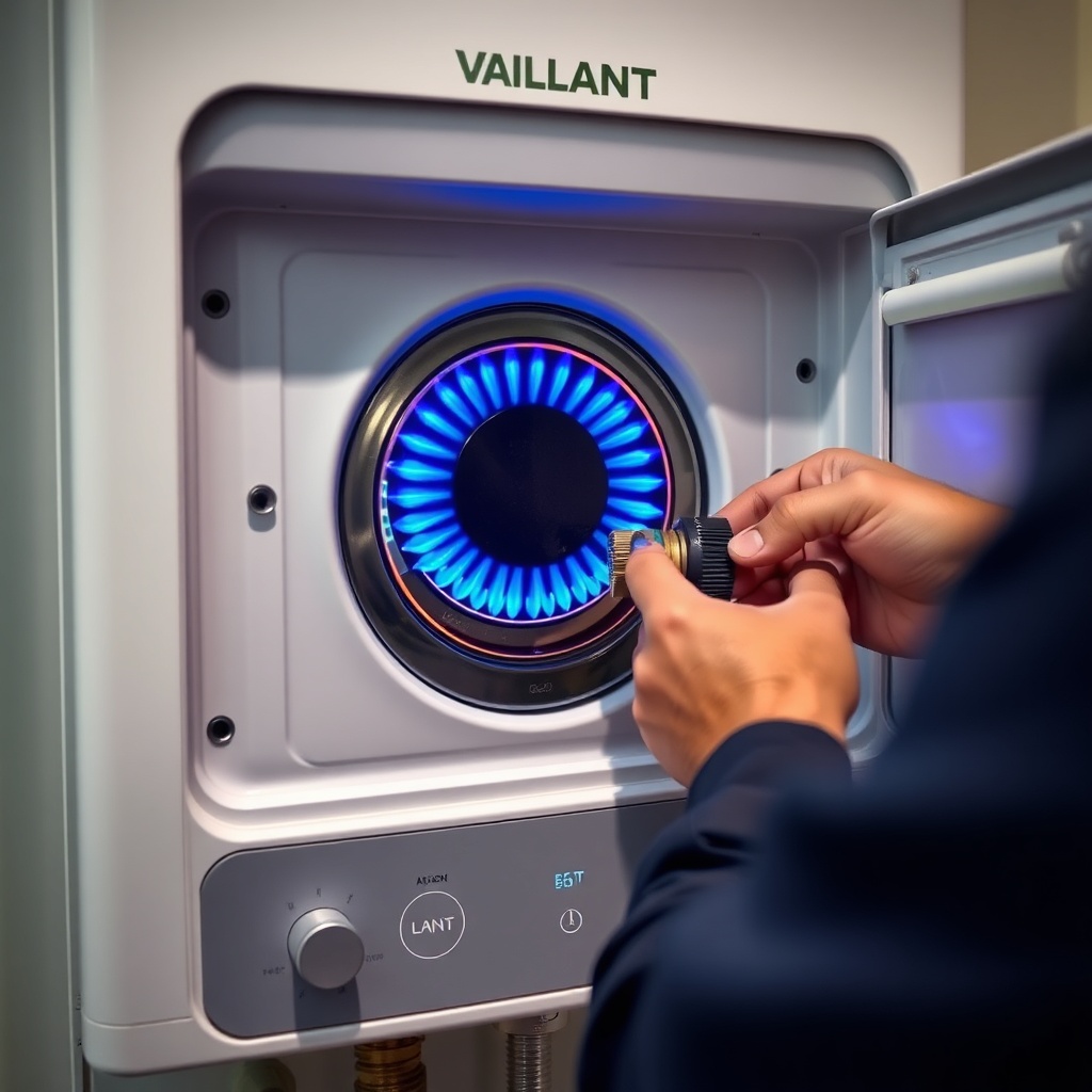 A realistic photo of a Vaillant ecoTEC Plus boiler with its front panel open