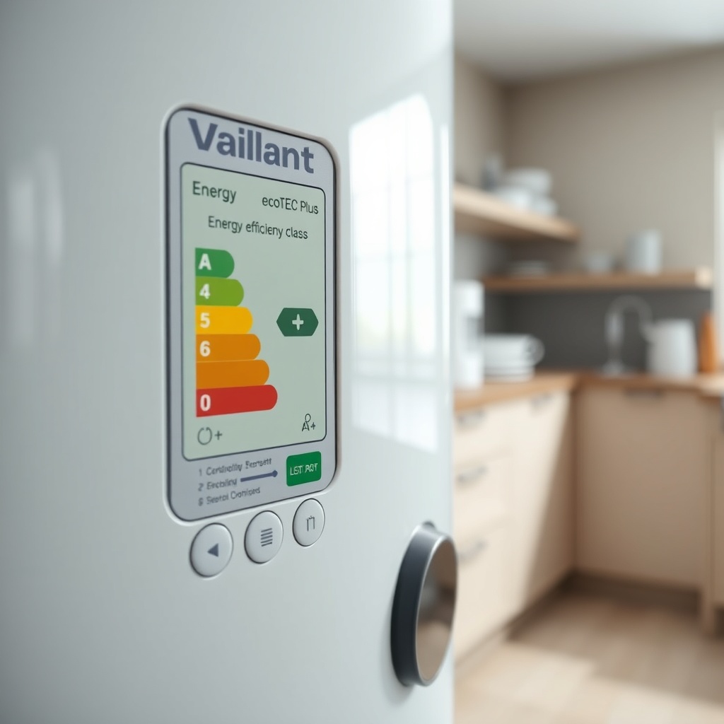 A realistic close-up photo of Vaillant ecoTEC Plus's energy label and control panel