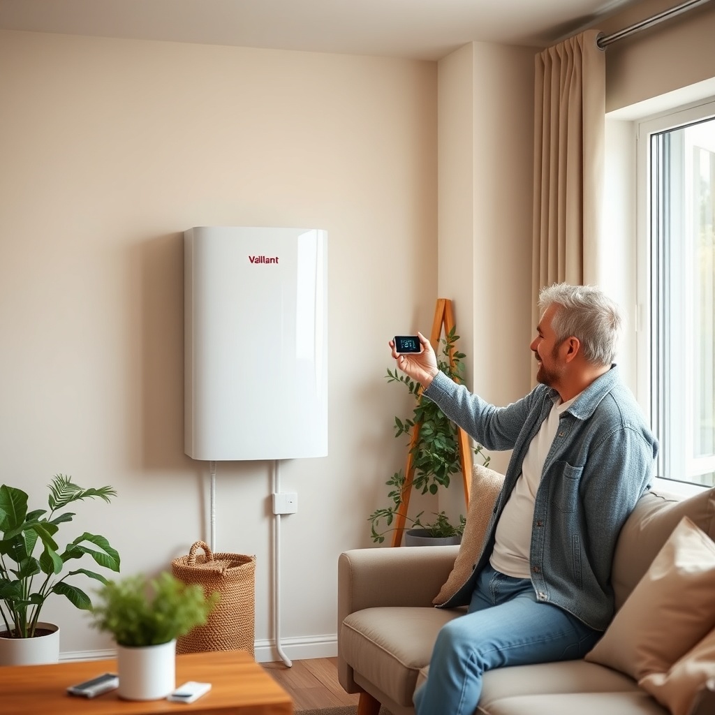 A photorealistic home interior image showing a white Vaillant ecoTEC Plus unit mounted on
