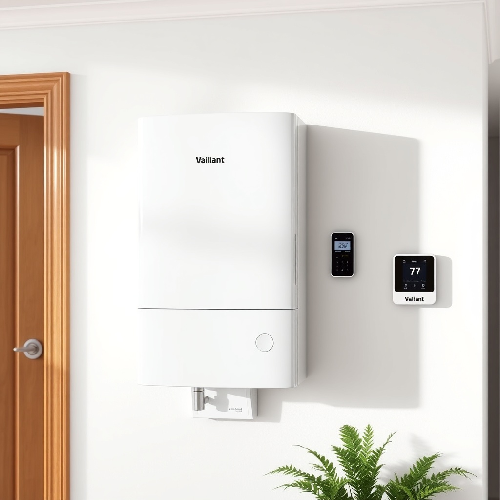 A photorealistic image of a Vaillant ecoTEC Plus combi boiler mounted on a white wall in a