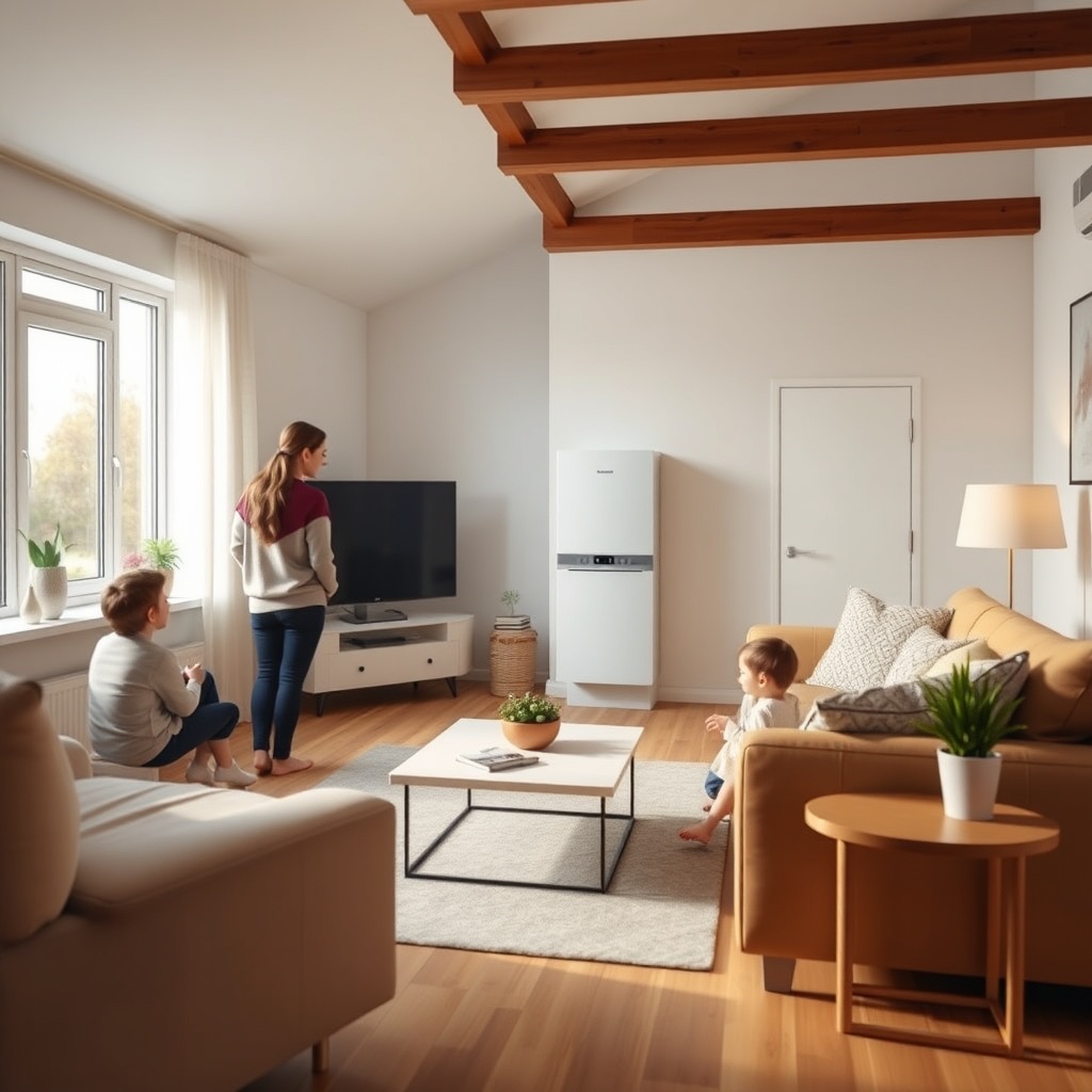 A photorealistic image of a family's living room with a Vaillant ecoTEC Plus combi boiler